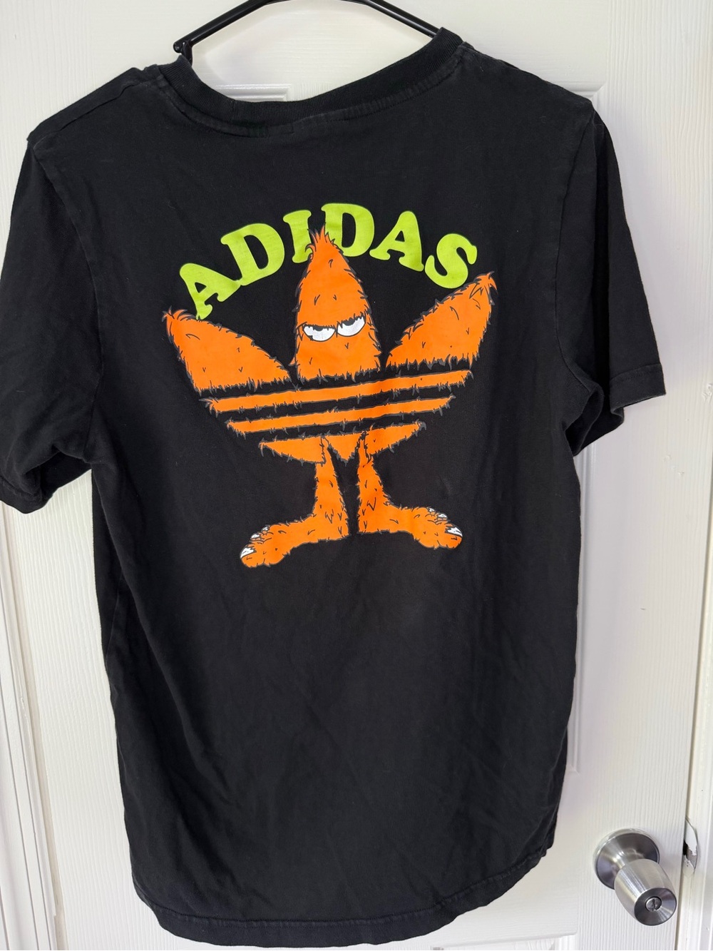 adidas Black Short-Sleeve Tee with Neon Orange Mascot and Lime Logo